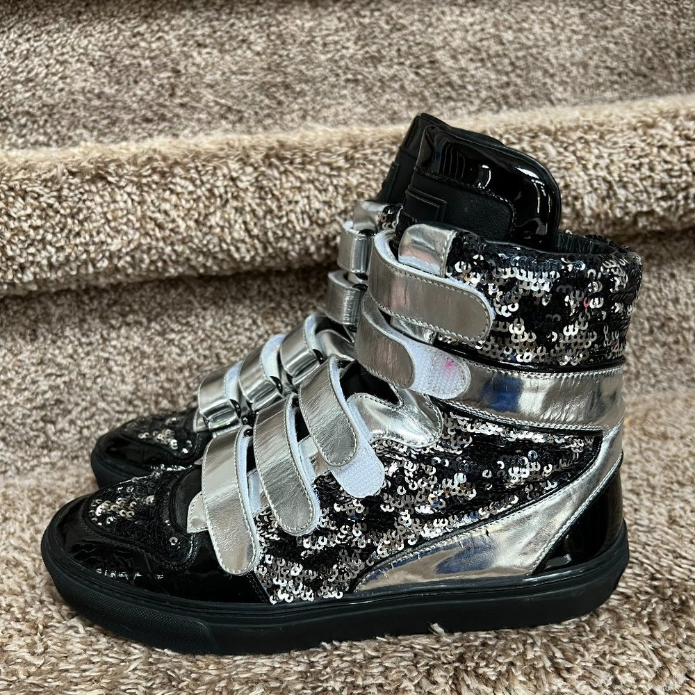 Louis Vuitton Women's Silver & Black Sequin Leather Straps High-Top Sneakers. - Picture 2 of 10